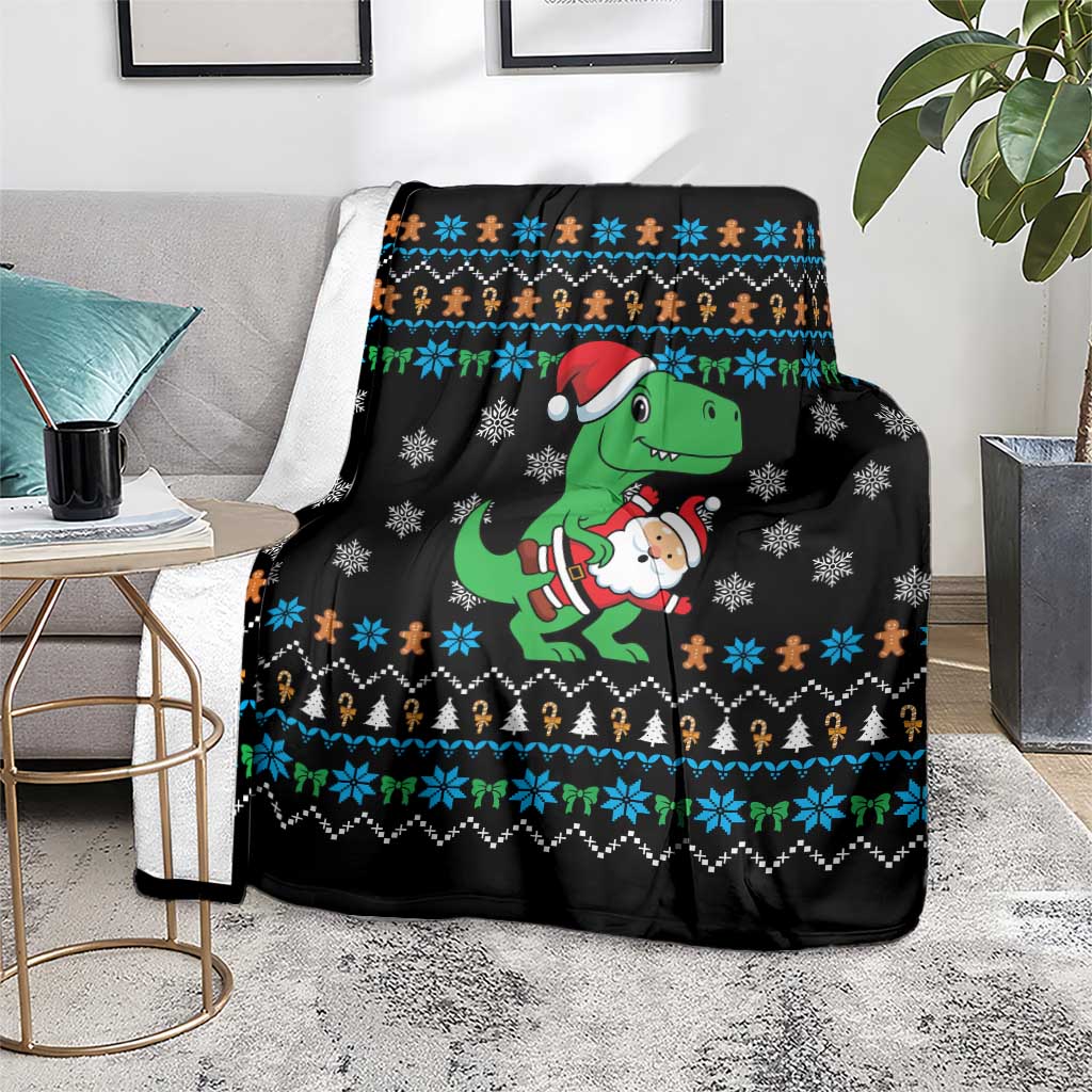 Funny Santa Riding Dinosaur Christmas Blanket Gingerbread Snowflake Pattern - Wonder Print Shop