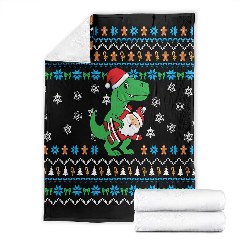 Funny Santa Riding Dinosaur Christmas Blanket Gingerbread Snowflake Pattern - Wonder Print Shop