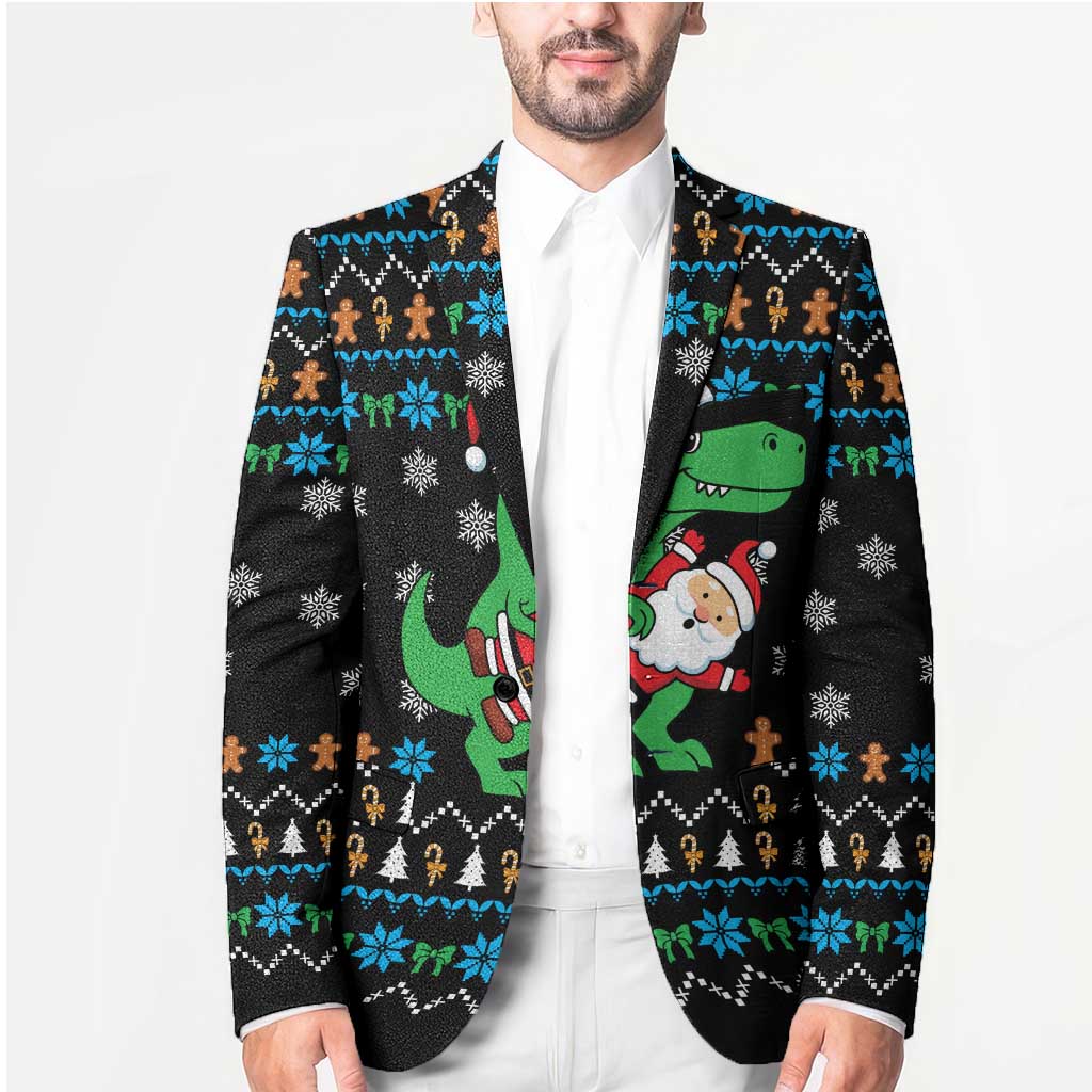 Funny Santa Riding Dinosaur Christmas Blazer Gingerbread Snowflake Pattern - Wonder Print Shop