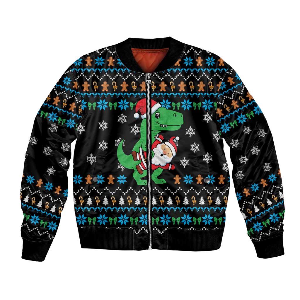 Funny Santa Riding Dinosaur Christmas Bomber Jacket Gingerbread Snowflake Pattern - Wonder Print Shop