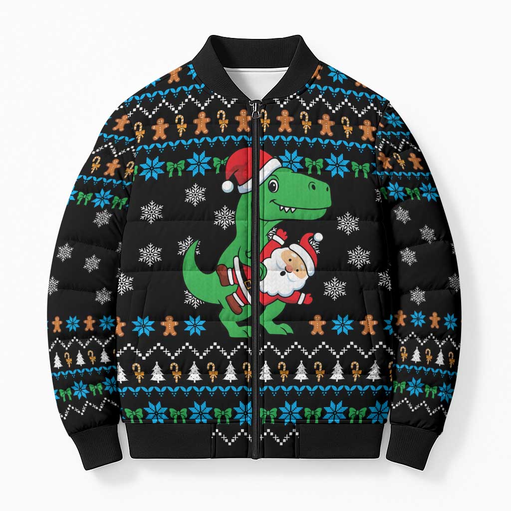 Funny Santa Riding Dinosaur Christmas Bomber Puffer Jacket Gingerbread Snowflake Pattern - Wonder Print Shop