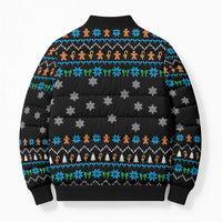 Funny Santa Riding Dinosaur Christmas Bomber Puffer Jacket Gingerbread Snowflake Pattern - Wonder Print Shop