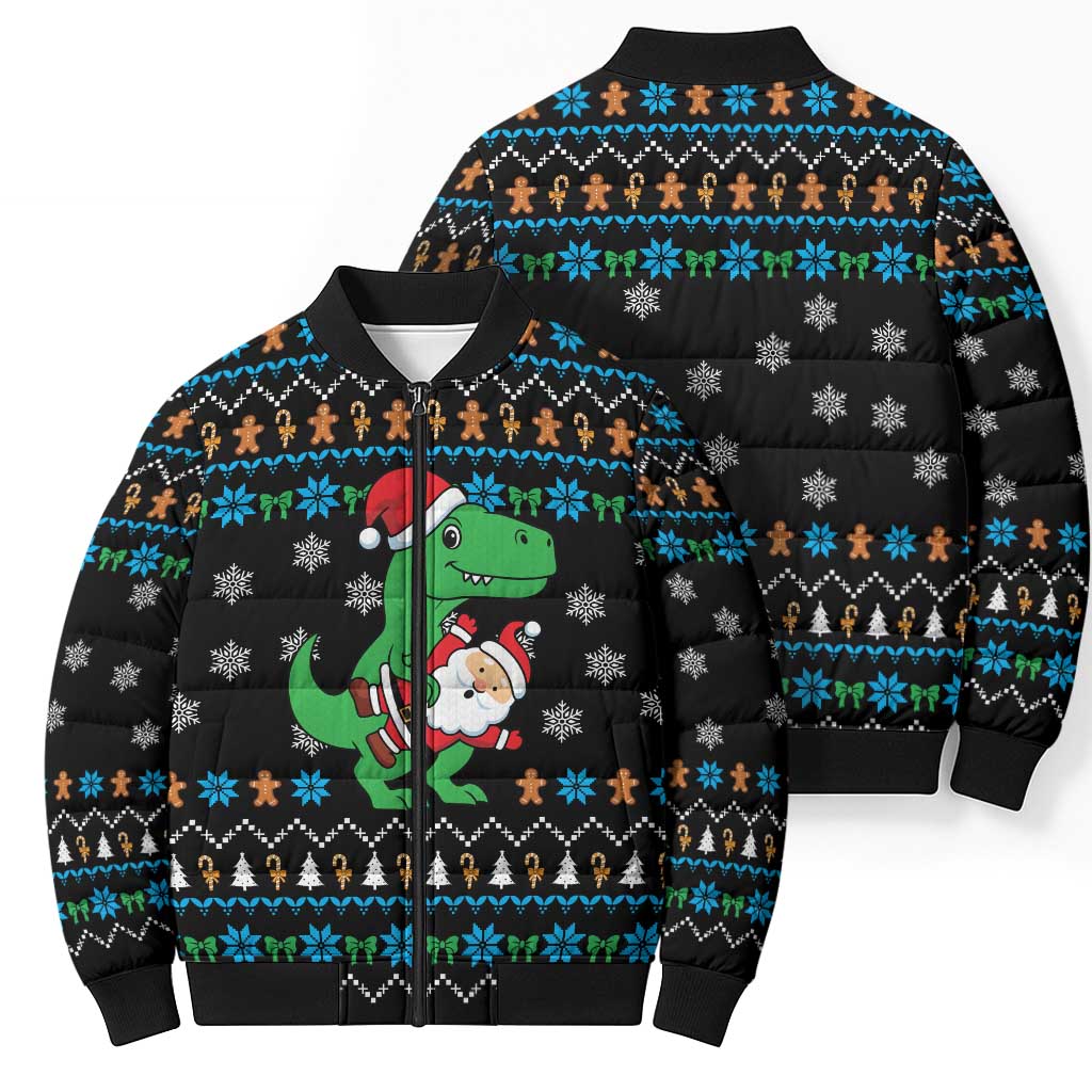 Funny Santa Riding Dinosaur Christmas Bomber Puffer Jacket Gingerbread Snowflake Pattern - Wonder Print Shop