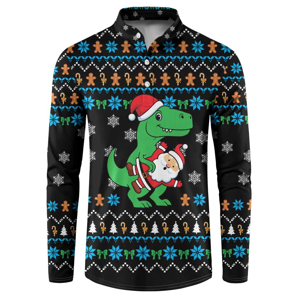 Funny Santa Riding Dinosaur Christmas Button Sweatshirt Gingerbread Snowflake Pattern - Wonder Print Shop