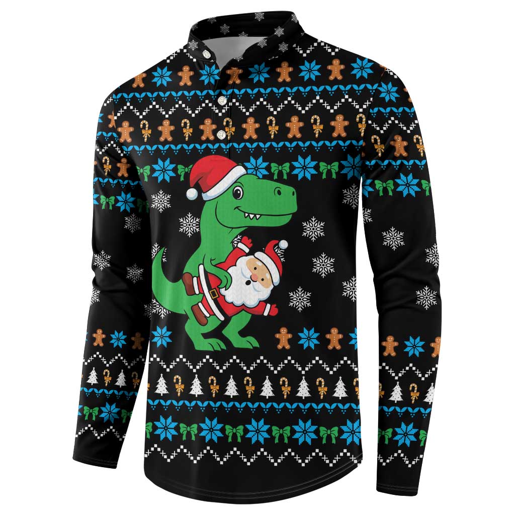 Funny Santa Riding Dinosaur Christmas Button Sweatshirt Gingerbread Snowflake Pattern - Wonder Print Shop