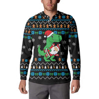 Funny Santa Riding Dinosaur Christmas Button Sweatshirt Gingerbread Snowflake Pattern - Wonder Print Shop
