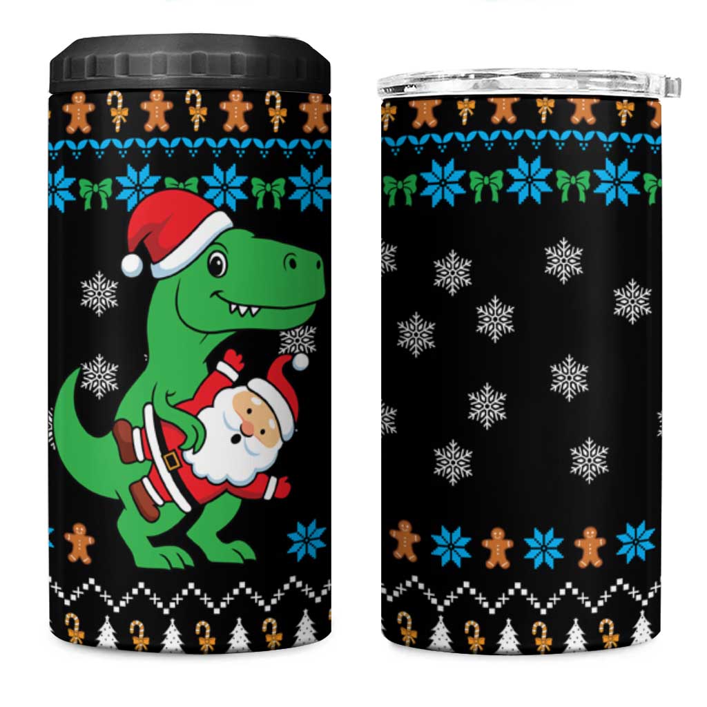 Funny Santa Riding Dinosaur Christmas 4 in 1 Can Cooler Tumbler Gingerbread Snowflake Pattern - Wonder Print Shop