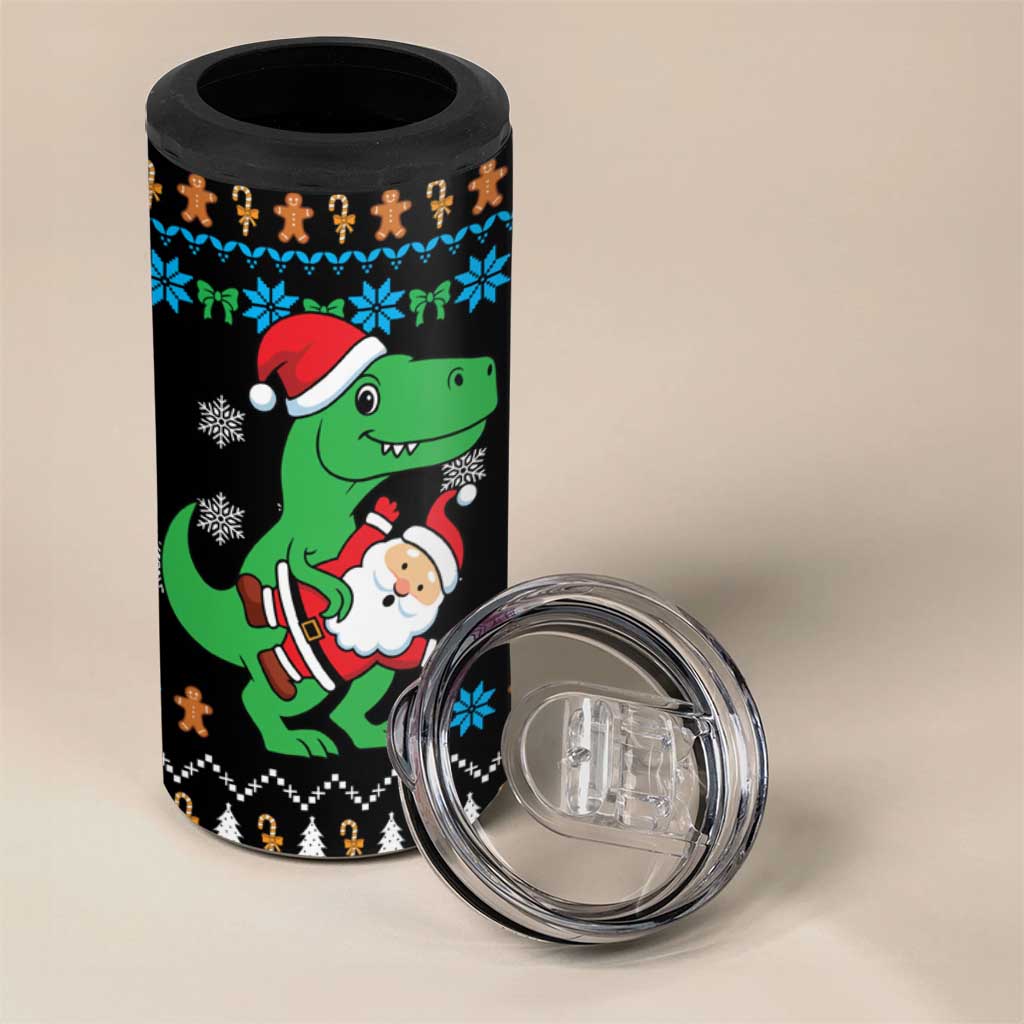 Funny Santa Riding Dinosaur Christmas 4 in 1 Can Cooler Tumbler Gingerbread Snowflake Pattern - Wonder Print Shop