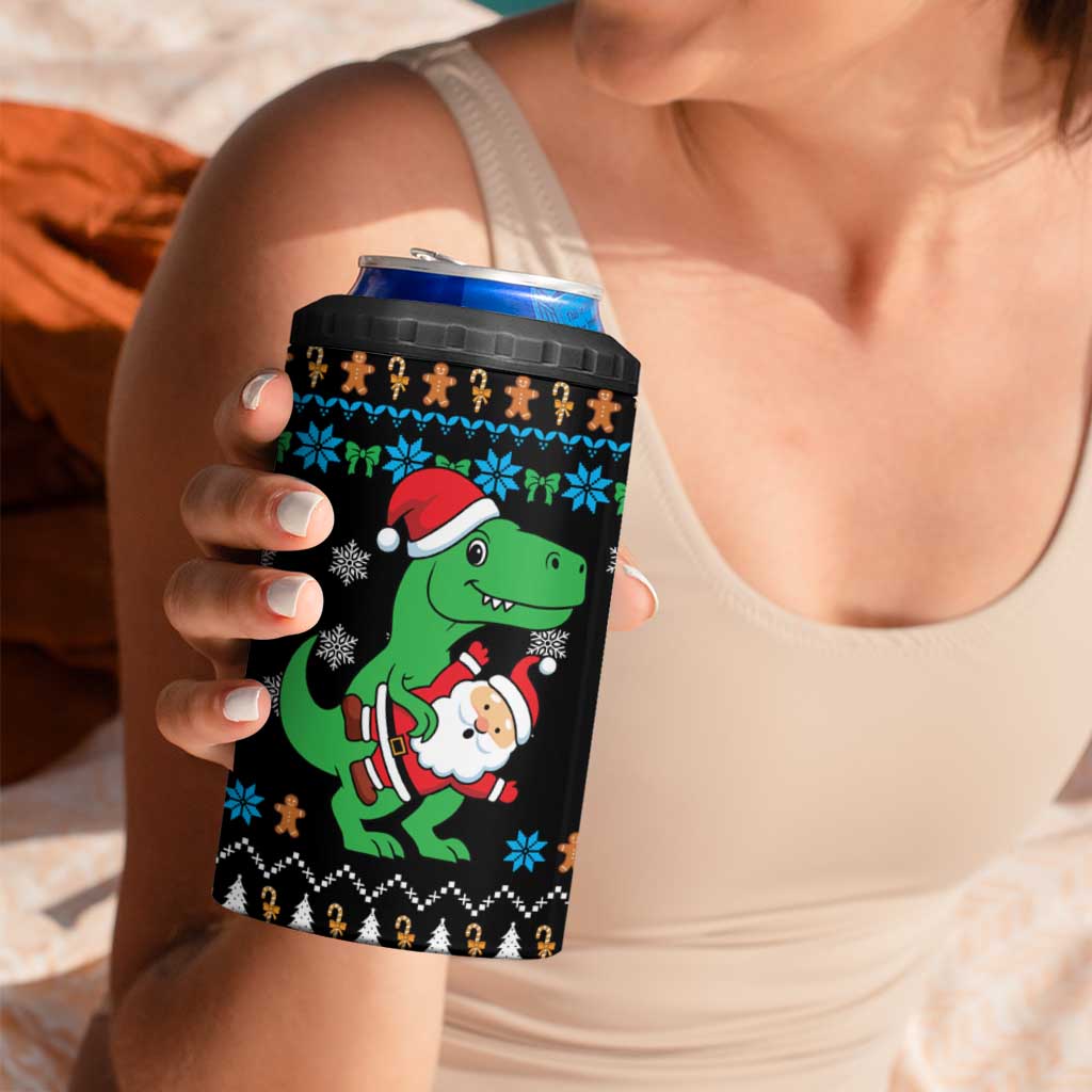 Funny Santa Riding Dinosaur Christmas 4 in 1 Can Cooler Tumbler Gingerbread Snowflake Pattern - Wonder Print Shop
