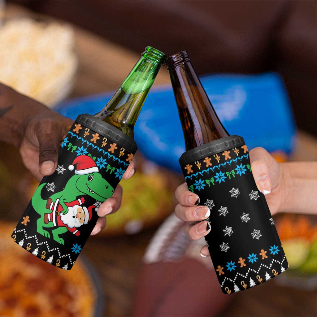 Funny Santa Riding Dinosaur Christmas 4 in 1 Can Cooler Tumbler Gingerbread Snowflake Pattern - Wonder Print Shop