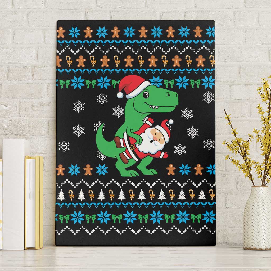 Funny Santa Riding Dinosaur Christmas Canvas Wall Art Gingerbread Snowflake Pattern - Wonder Print Shop