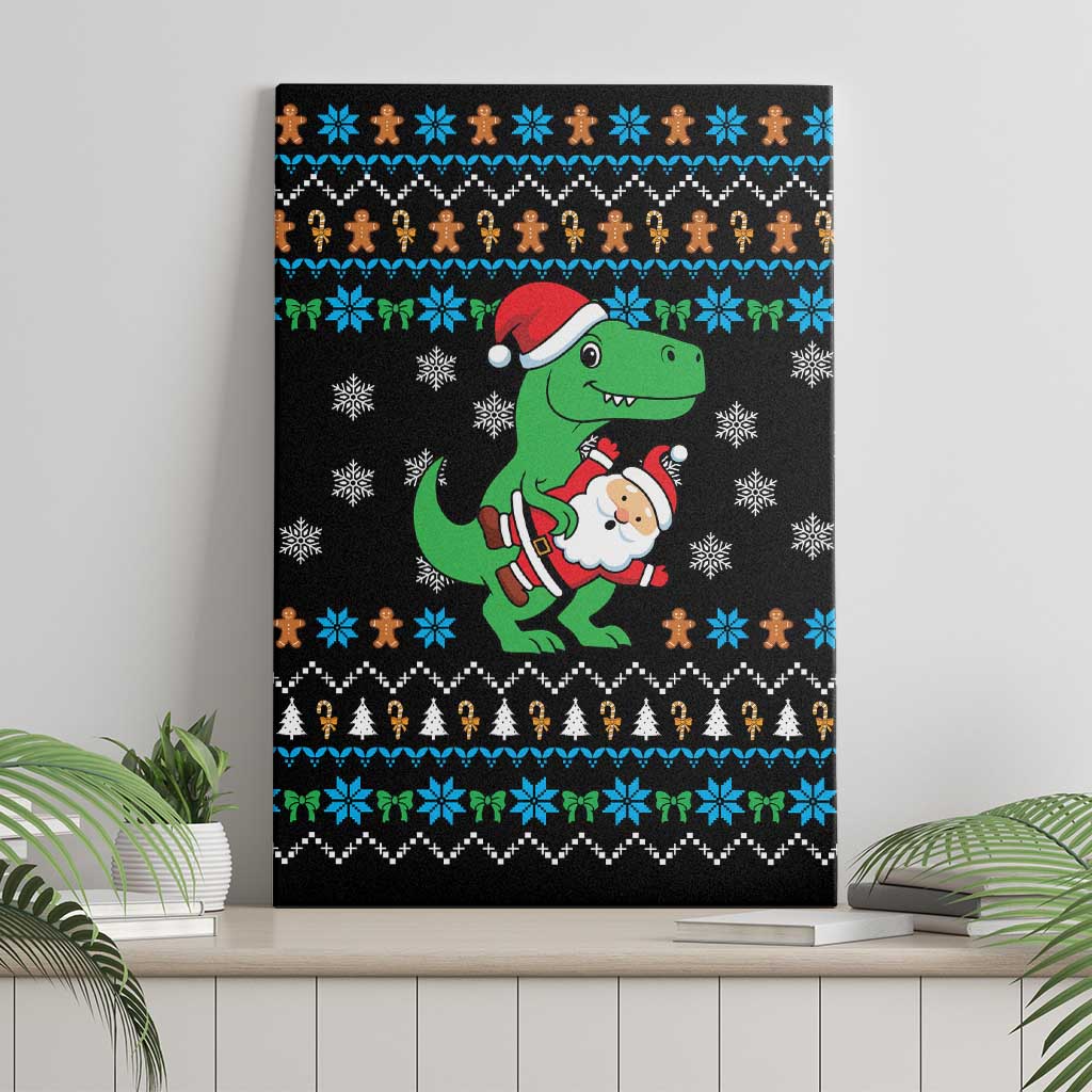 Funny Santa Riding Dinosaur Christmas Canvas Wall Art Gingerbread Snowflake Pattern - Wonder Print Shop