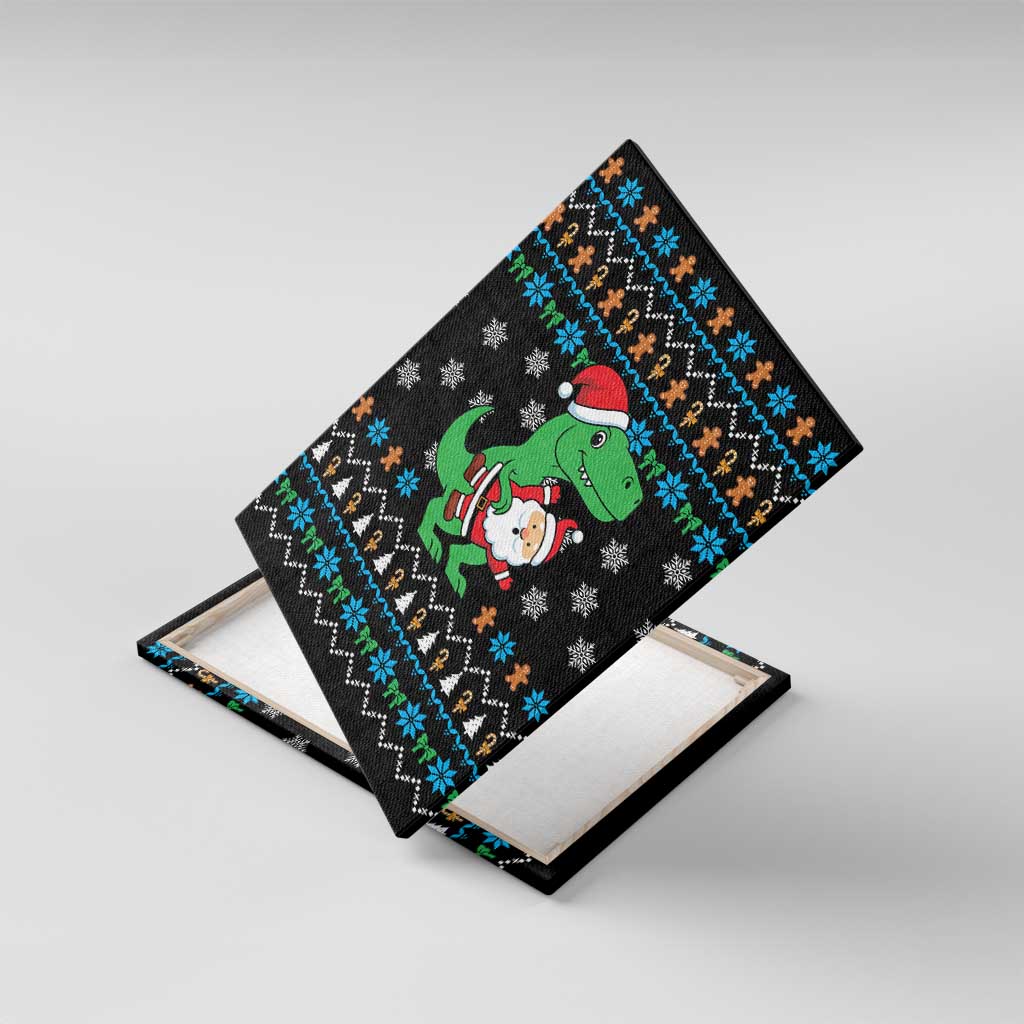 Funny Santa Riding Dinosaur Christmas Canvas Wall Art Gingerbread Snowflake Pattern - Wonder Print Shop