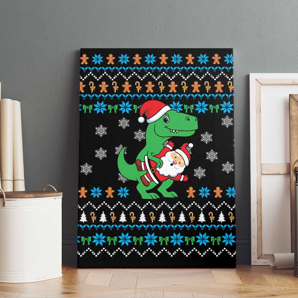 Funny Santa Riding Dinosaur Christmas Canvas Wall Art Gingerbread Snowflake Pattern - Wonder Print Shop