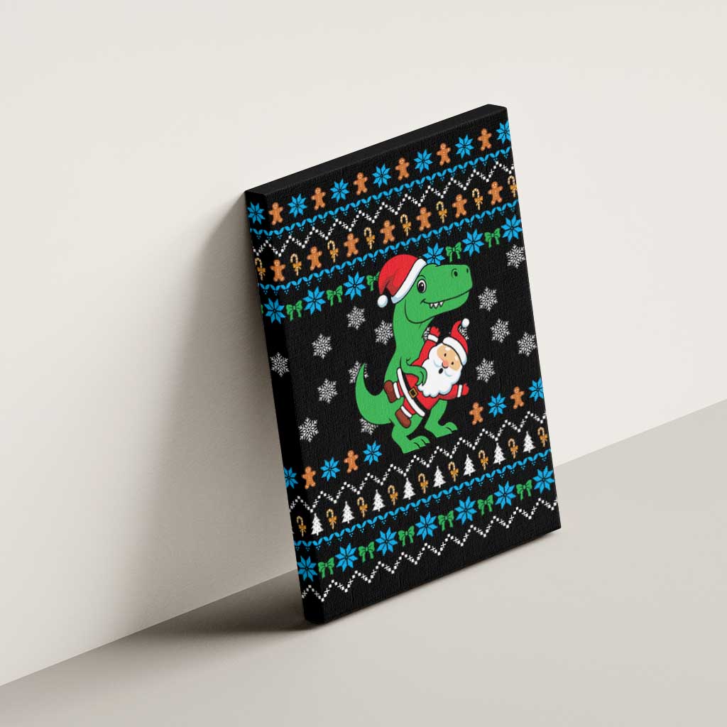 Funny Santa Riding Dinosaur Christmas Canvas Wall Art Gingerbread Snowflake Pattern - Wonder Print Shop