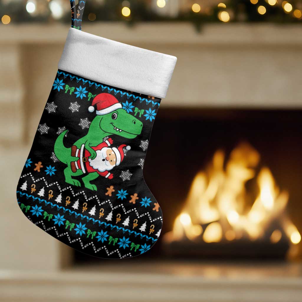 Funny Santa Riding Dinosaur Christmas Stocking Gingerbread Snowflake Pattern - Wonder Print Shop