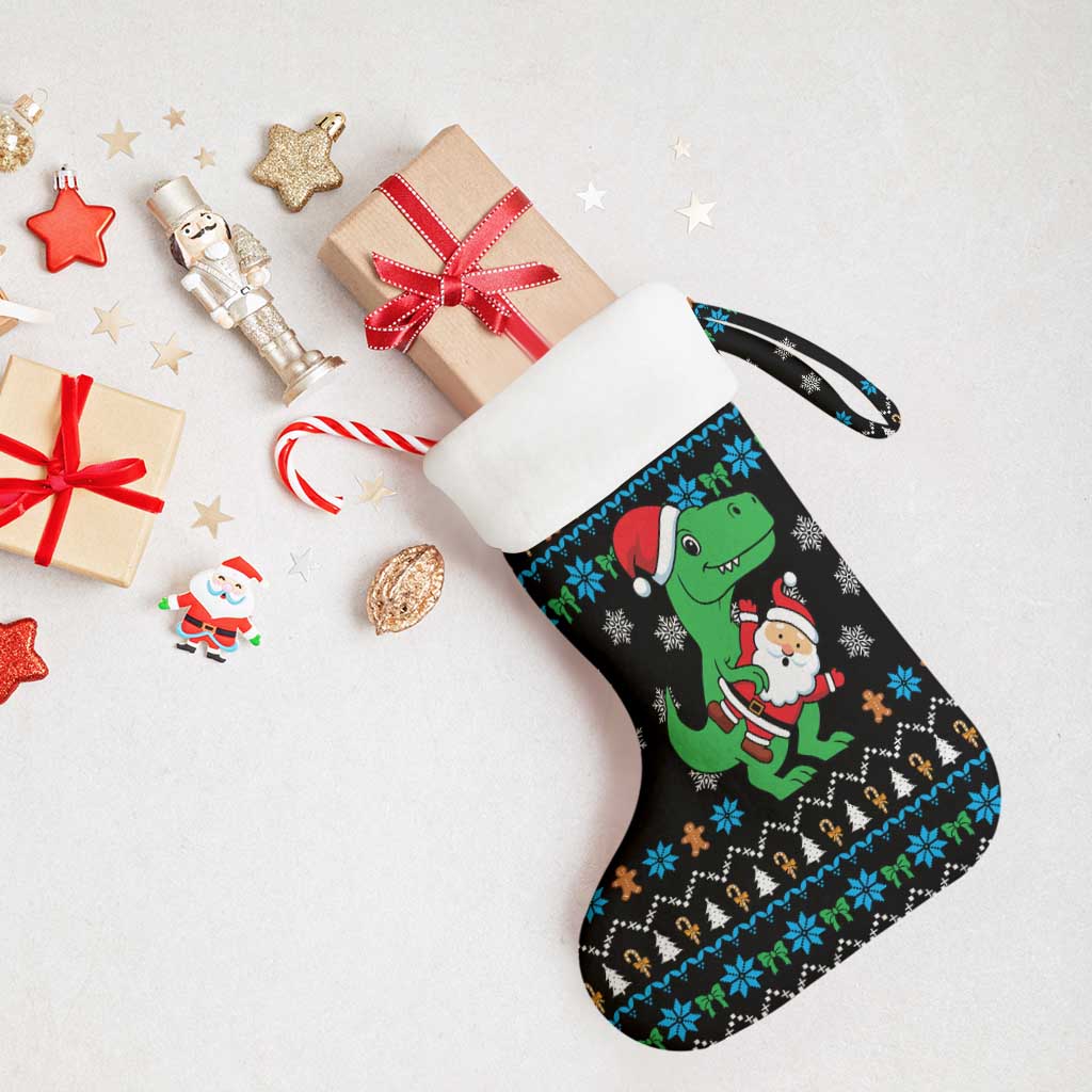 Funny Santa Riding Dinosaur Christmas Stocking Gingerbread Snowflake Pattern - Wonder Print Shop