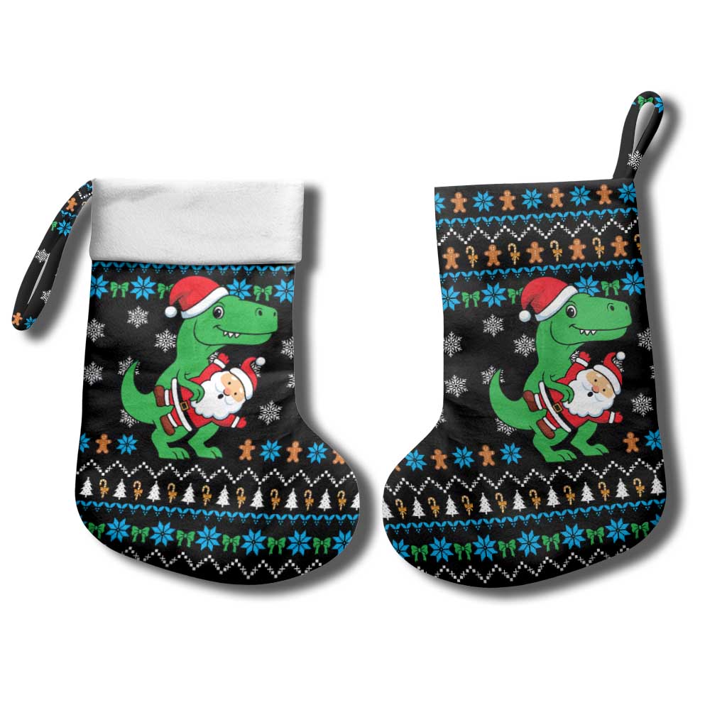 Funny Santa Riding Dinosaur Christmas Stocking Gingerbread Snowflake Pattern - Wonder Print Shop