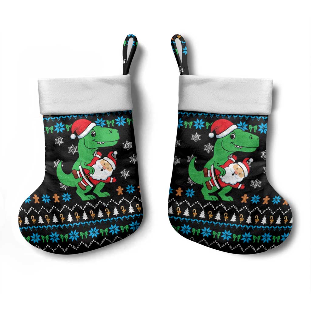 Funny Santa Riding Dinosaur Christmas Stocking Gingerbread Snowflake Pattern - Wonder Print Shop
