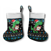 Funny Santa Riding Dinosaur Christmas Stocking Gingerbread Snowflake Pattern - Wonder Print Shop