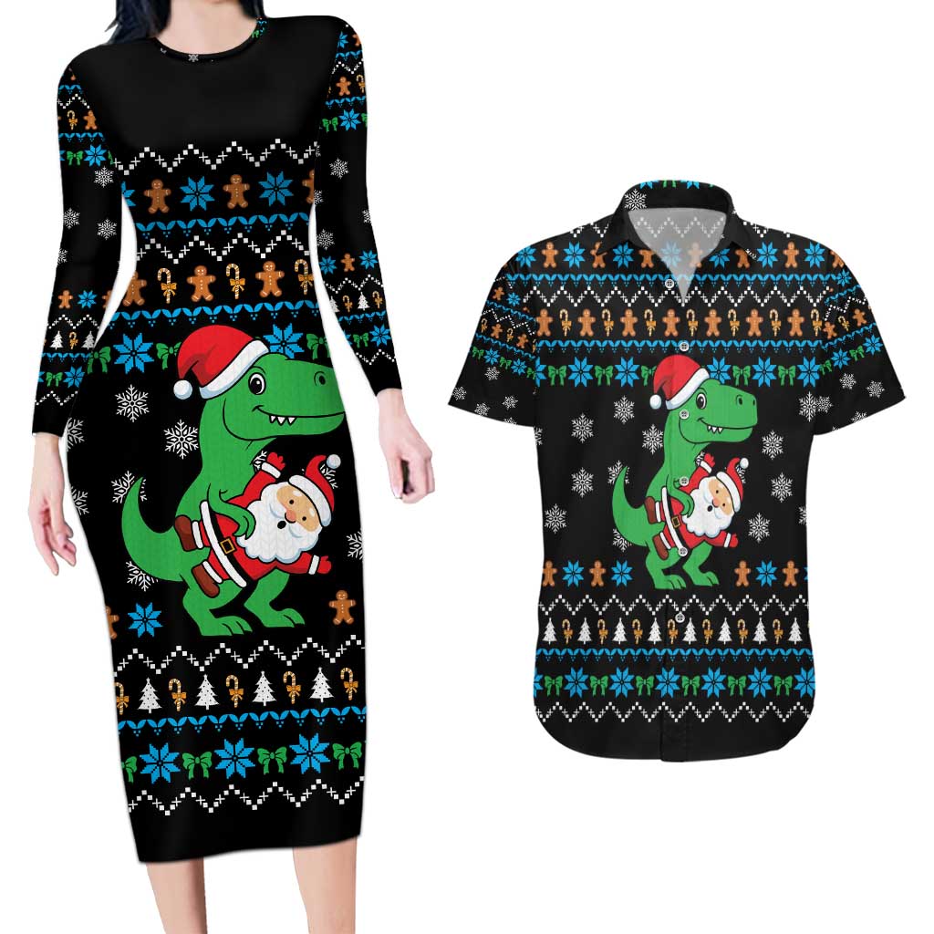 Funny Santa Riding Dinosaur Christmas Couples Matching Long Sleeve Bodycon Dress and Hawaiian Shirt Gingerbread Snowflake Pattern - Wonder Print Shop