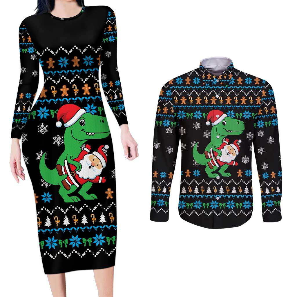 Funny Santa Riding Dinosaur Christmas Couples Matching Long Sleeve Bodycon Dress and Long Sleeve Button Shirt Gingerbread Snowflake Pattern - Wonder Print Shop