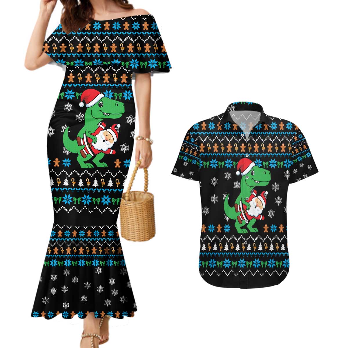 Funny Santa Riding Dinosaur Christmas Couples Matching Mermaid Dress and Hawaiian Shirt Gingerbread Snowflake Pattern - Wonder Print Shop