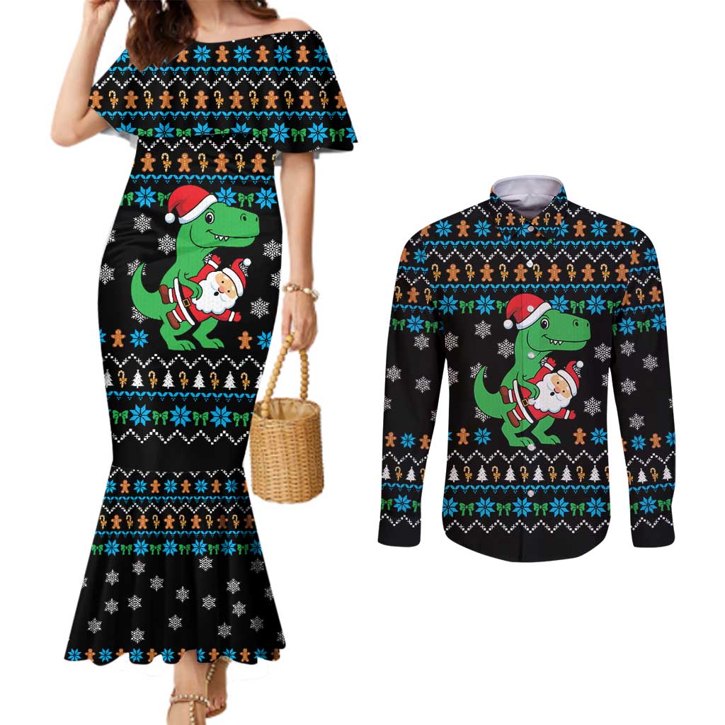 Funny Santa Riding Dinosaur Christmas Couples Matching Mermaid Dress and Long Sleeve Button Shirt Gingerbread Snowflake Pattern - Wonder Print Shop