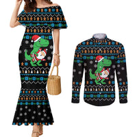 Funny Santa Riding Dinosaur Christmas Couples Matching Mermaid Dress and Long Sleeve Button Shirt Gingerbread Snowflake Pattern - Wonder Print Shop