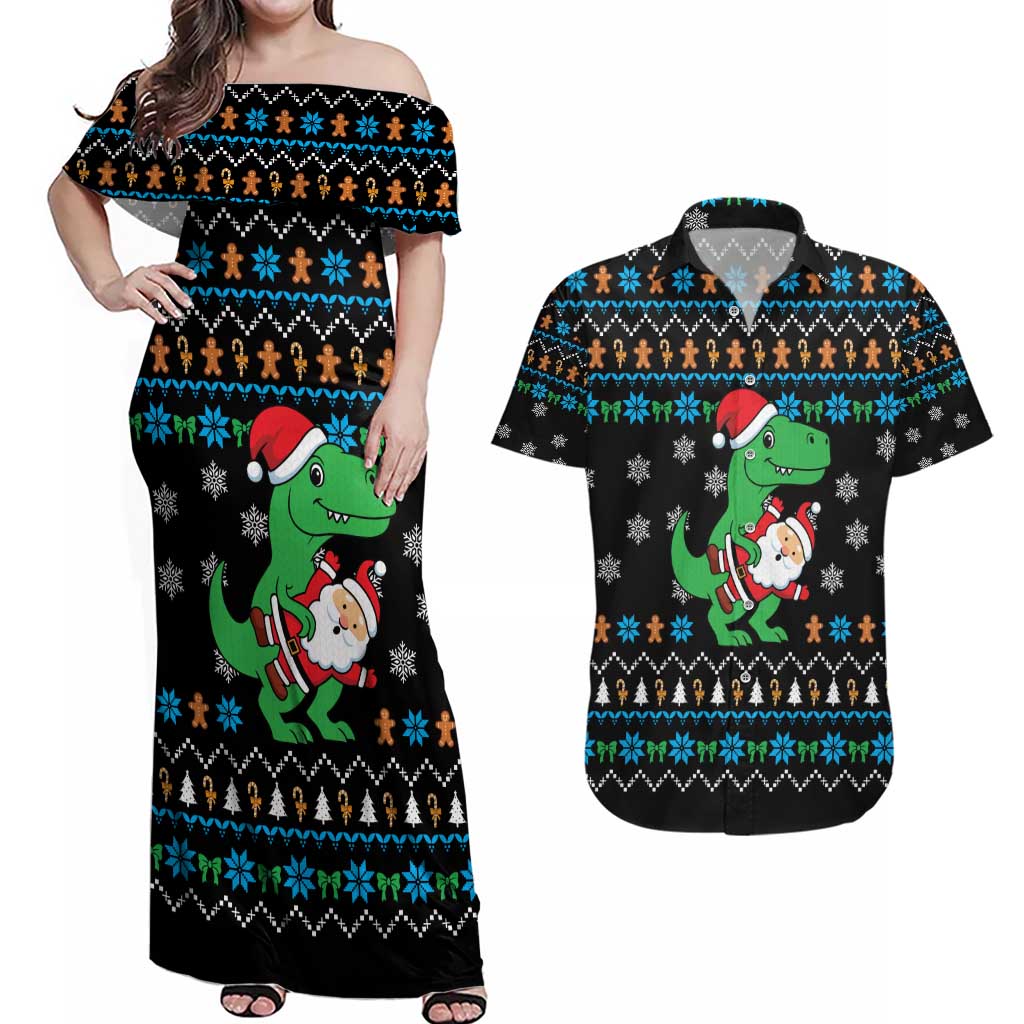 Funny Santa Riding Dinosaur Christmas Couples Matching Off Shoulder Maxi Dress and Hawaiian Shirt Gingerbread Snowflake Pattern - Wonder Print Shop