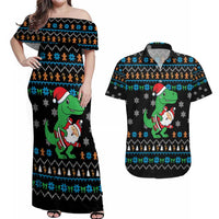 Funny Santa Riding Dinosaur Christmas Couples Matching Off Shoulder Maxi Dress and Hawaiian Shirt Gingerbread Snowflake Pattern - Wonder Print Shop