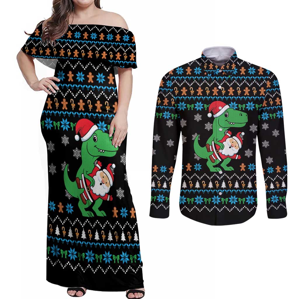 Funny Santa Riding Dinosaur Christmas Couples Matching Off Shoulder Maxi Dress and Long Sleeve Button Shirt Gingerbread Snowflake Pattern - Wonder Print Shop