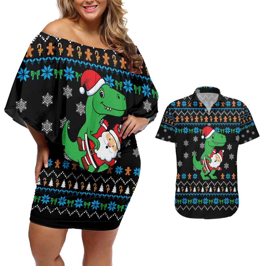 Funny Santa Riding Dinosaur Christmas Couples Matching Off Shoulder Short Dress and Hawaiian Shirt Gingerbread Snowflake Pattern - Wonder Print Shop