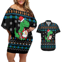 Funny Santa Riding Dinosaur Christmas Couples Matching Off Shoulder Short Dress and Hawaiian Shirt Gingerbread Snowflake Pattern - Wonder Print Shop