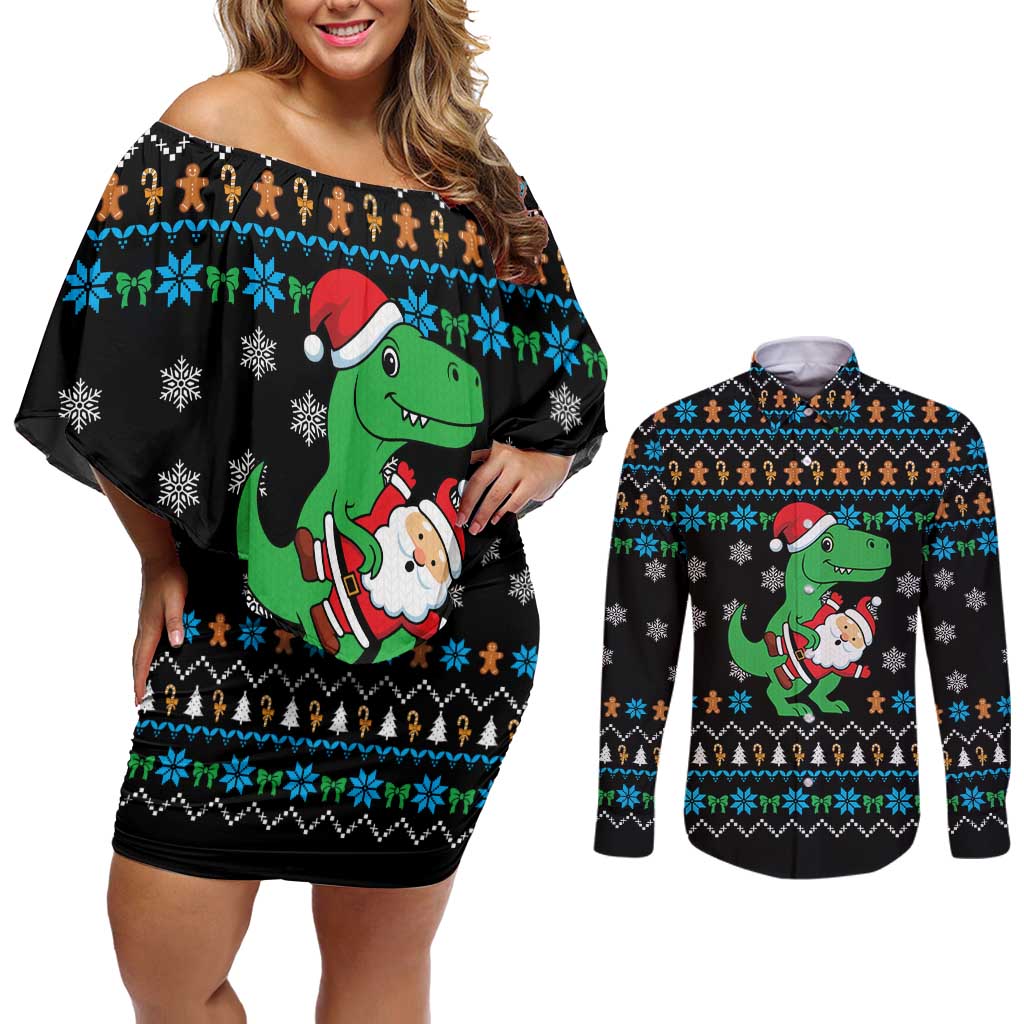 Funny Santa Riding Dinosaur Christmas Couples Matching Off Shoulder Short Dress and Long Sleeve Button Shirt Gingerbread Snowflake Pattern - Wonder Print Shop