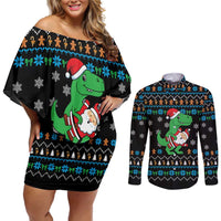 Funny Santa Riding Dinosaur Christmas Couples Matching Off Shoulder Short Dress and Long Sleeve Button Shirt Gingerbread Snowflake Pattern - Wonder Print Shop