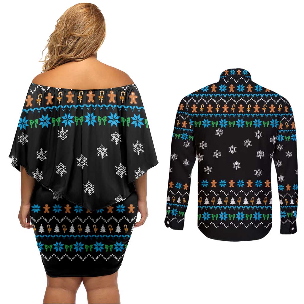 Funny Santa Riding Dinosaur Christmas Couples Matching Off Shoulder Short Dress and Long Sleeve Button Shirt Gingerbread Snowflake Pattern - Wonder Print Shop