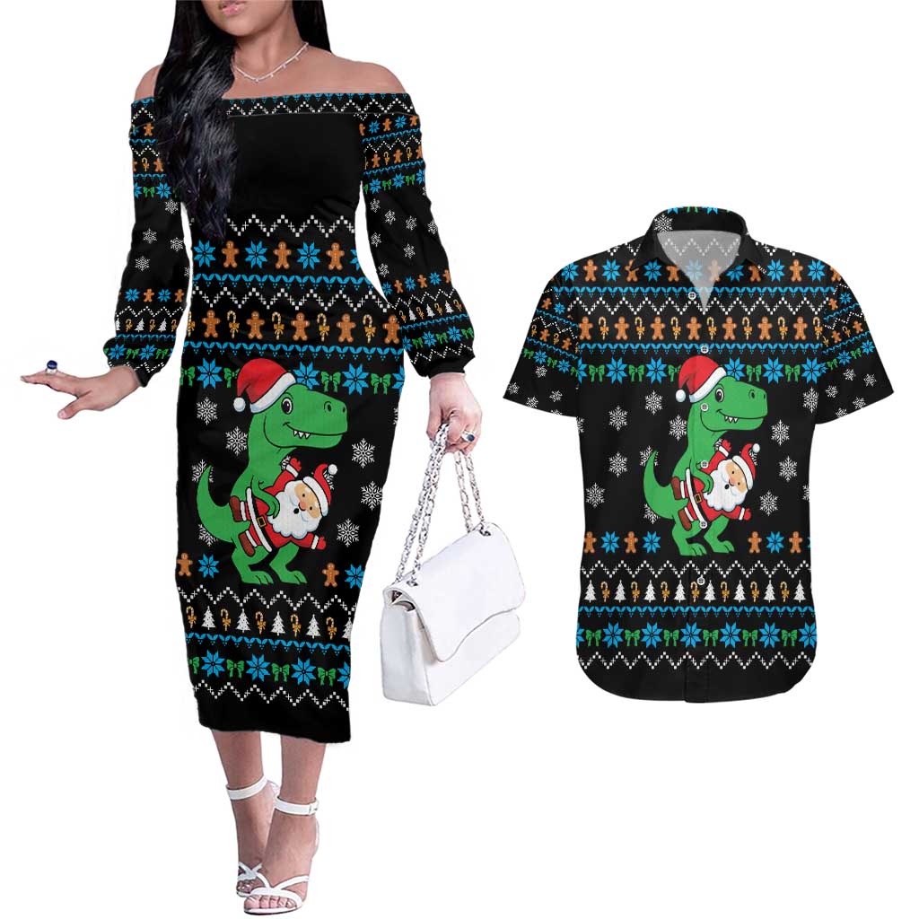 Funny Santa Riding Dinosaur Christmas Couples Matching Off The Shoulder Long Sleeve Dress and Hawaiian Shirt Gingerbread Snowflake Pattern - Wonder Print Shop