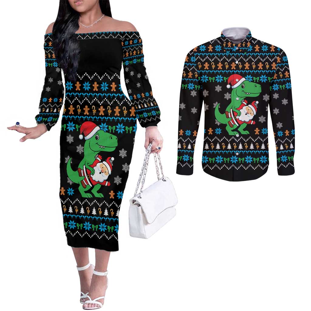Funny Santa Riding Dinosaur Christmas Couples Matching Off The Shoulder Long Sleeve Dress and Long Sleeve Button Shirt Gingerbread Snowflake Pattern - Wonder Print Shop