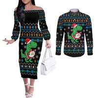 Funny Santa Riding Dinosaur Christmas Couples Matching Off The Shoulder Long Sleeve Dress and Long Sleeve Button Shirt Gingerbread Snowflake Pattern - Wonder Print Shop