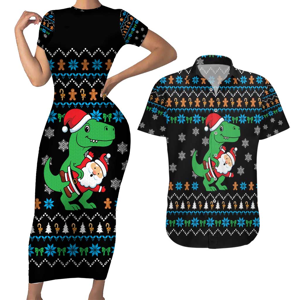 Funny Santa Riding Dinosaur Christmas Couples Matching Short Sleeve Bodycon Dress and Hawaiian Shirt Gingerbread Snowflake Pattern - Wonder Print Shop