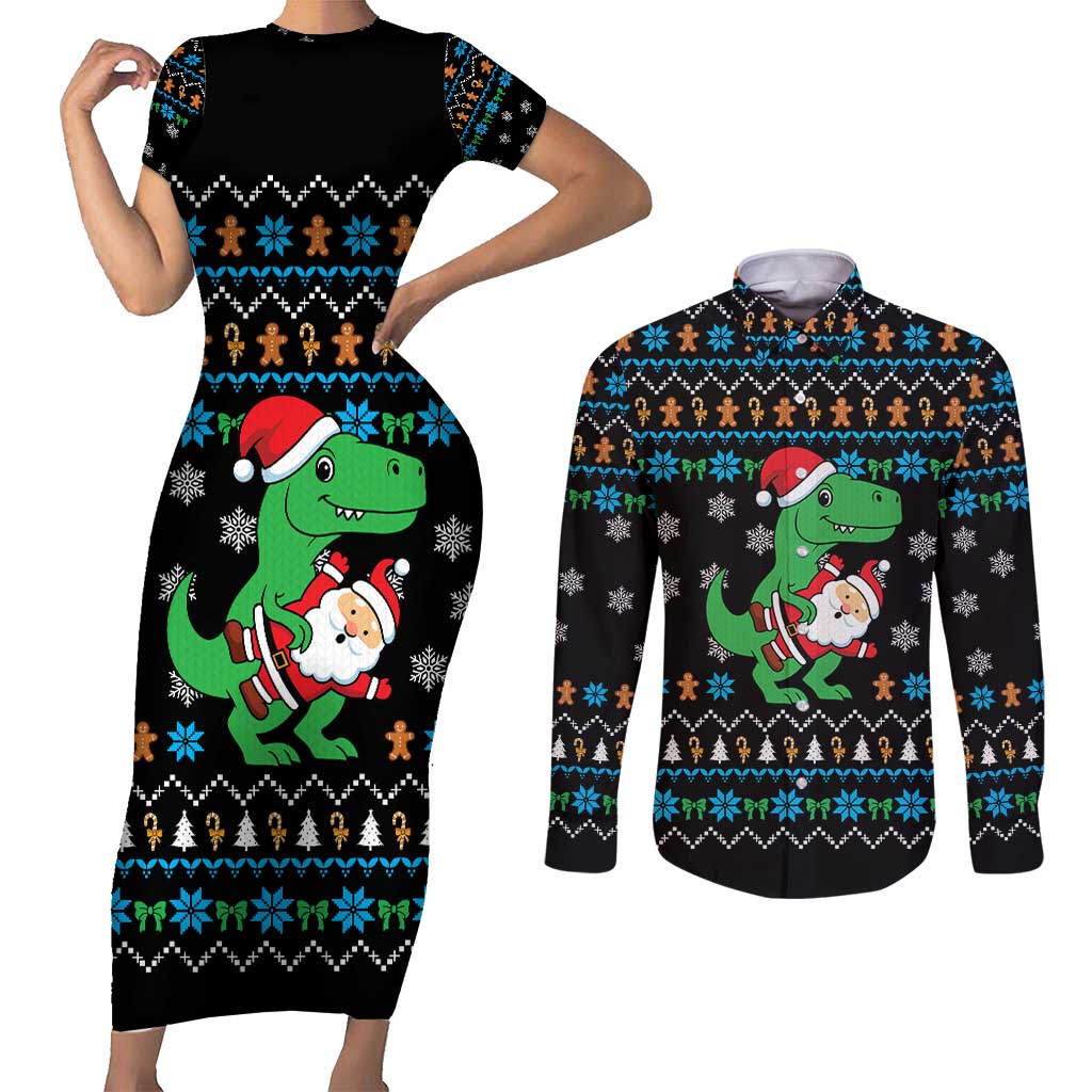 Funny Santa Riding Dinosaur Christmas Couples Matching Short Sleeve Bodycon Dress and Long Sleeve Button Shirt Gingerbread Snowflake Pattern - Wonder Print Shop