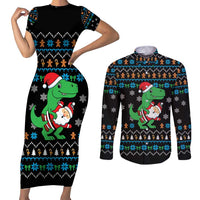 Funny Santa Riding Dinosaur Christmas Couples Matching Short Sleeve Bodycon Dress and Long Sleeve Button Shirt Gingerbread Snowflake Pattern - Wonder Print Shop