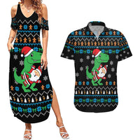 Funny Santa Riding Dinosaur Christmas Couples Matching Summer Maxi Dress and Hawaiian Shirt Gingerbread Snowflake Pattern - Wonder Print Shop
