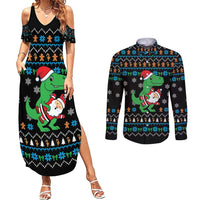 Funny Santa Riding Dinosaur Christmas Couples Matching Summer Maxi Dress and Long Sleeve Button Shirt Gingerbread Snowflake Pattern - Wonder Print Shop