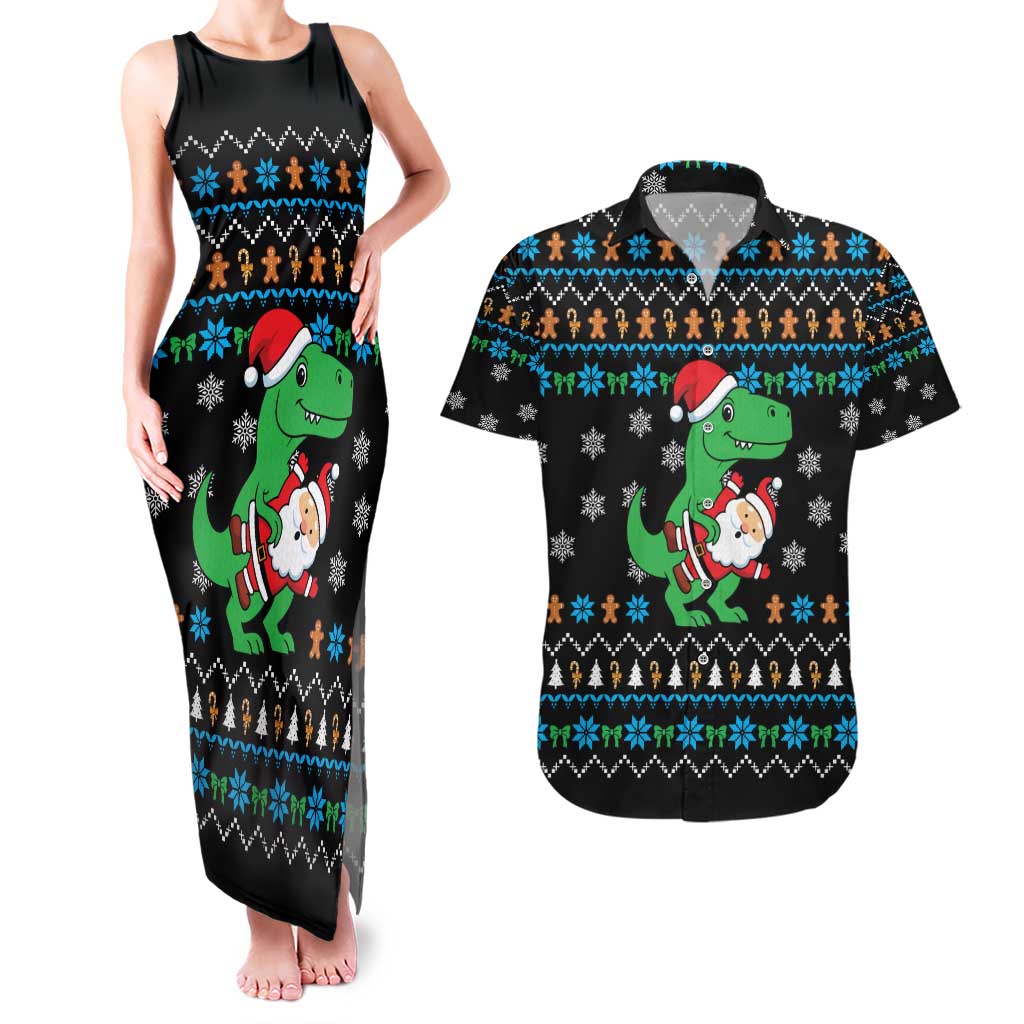 Funny Santa Riding Dinosaur Christmas Couples Matching Tank Maxi Dress and Hawaiian Shirt Gingerbread Snowflake Pattern - Wonder Print Shop