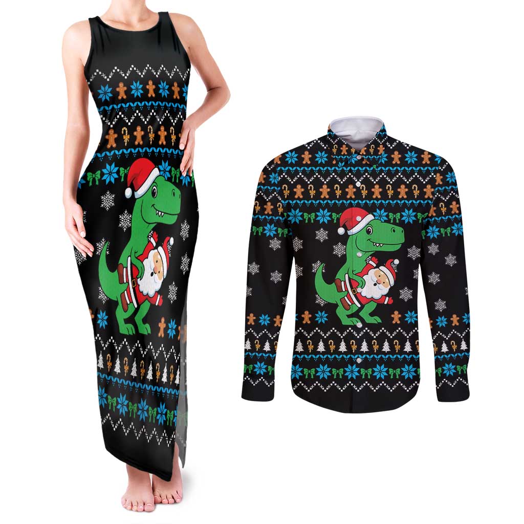 Funny Santa Riding Dinosaur Christmas Couples Matching Tank Maxi Dress and Long Sleeve Button Shirt Gingerbread Snowflake Pattern - Wonder Print Shop