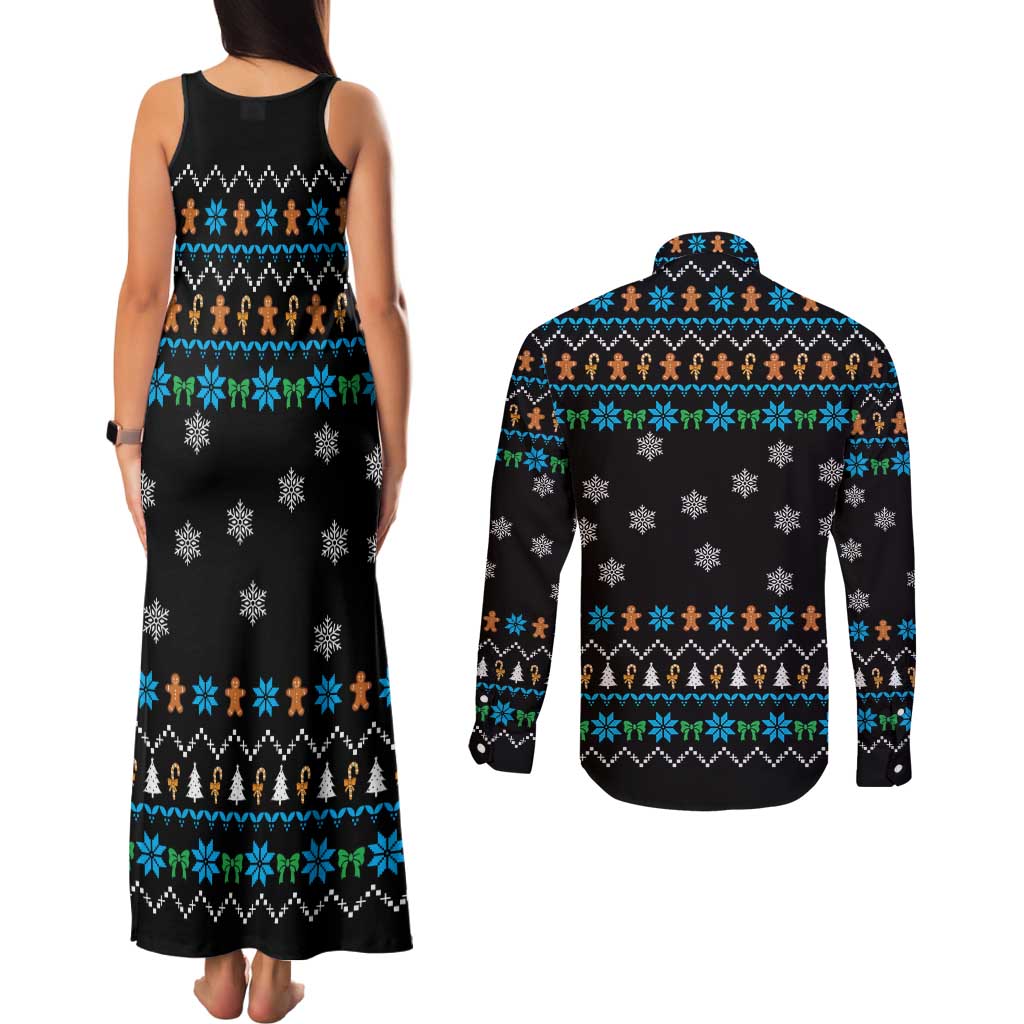 Funny Santa Riding Dinosaur Christmas Couples Matching Tank Maxi Dress and Long Sleeve Button Shirt Gingerbread Snowflake Pattern - Wonder Print Shop