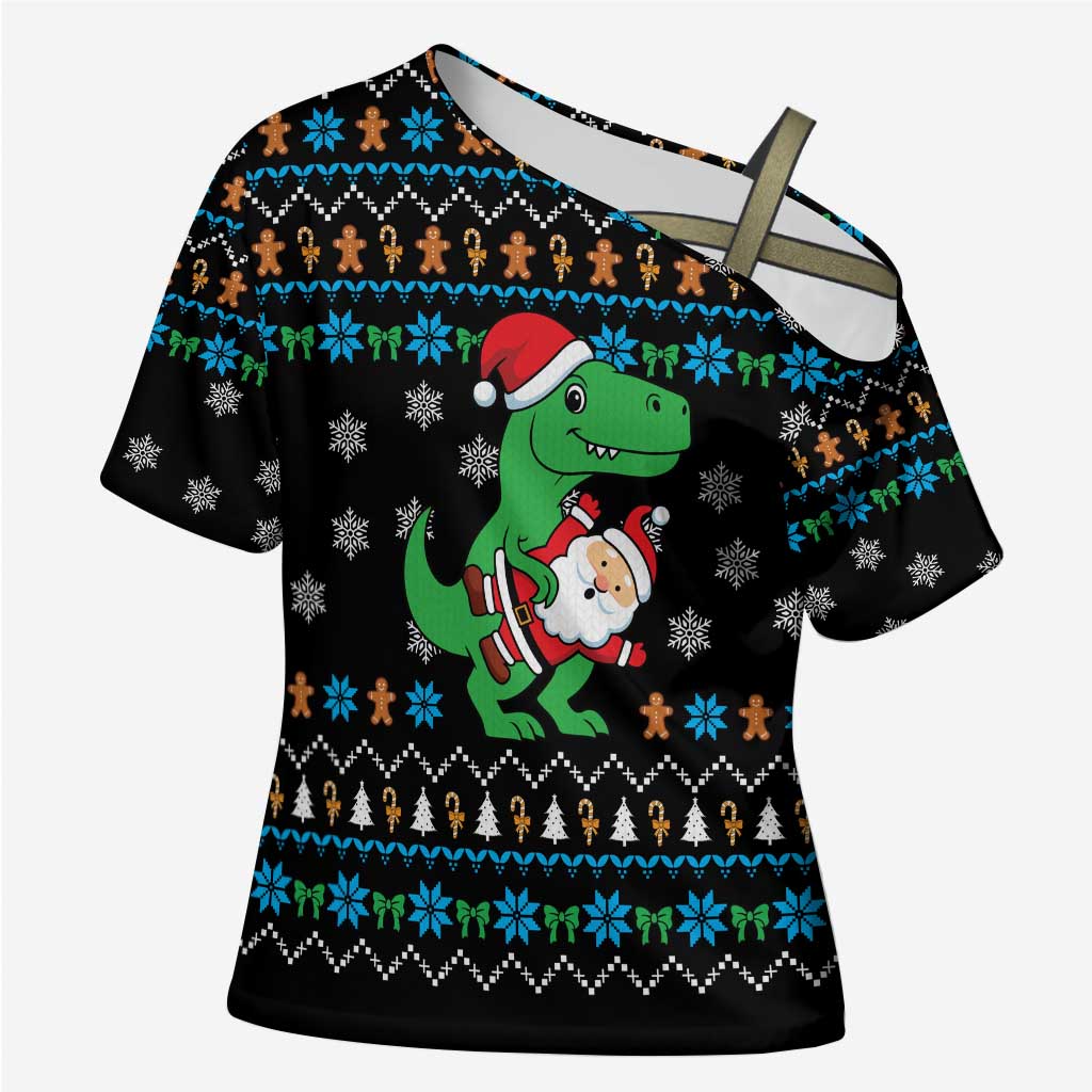 Funny Santa Riding Dinosaur Christmas Cross Shoulder Shirt Gingerbread Snowflake Pattern - Wonder Print Shop