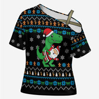 Funny Santa Riding Dinosaur Christmas Cross Shoulder Shirt Gingerbread Snowflake Pattern - Wonder Print Shop